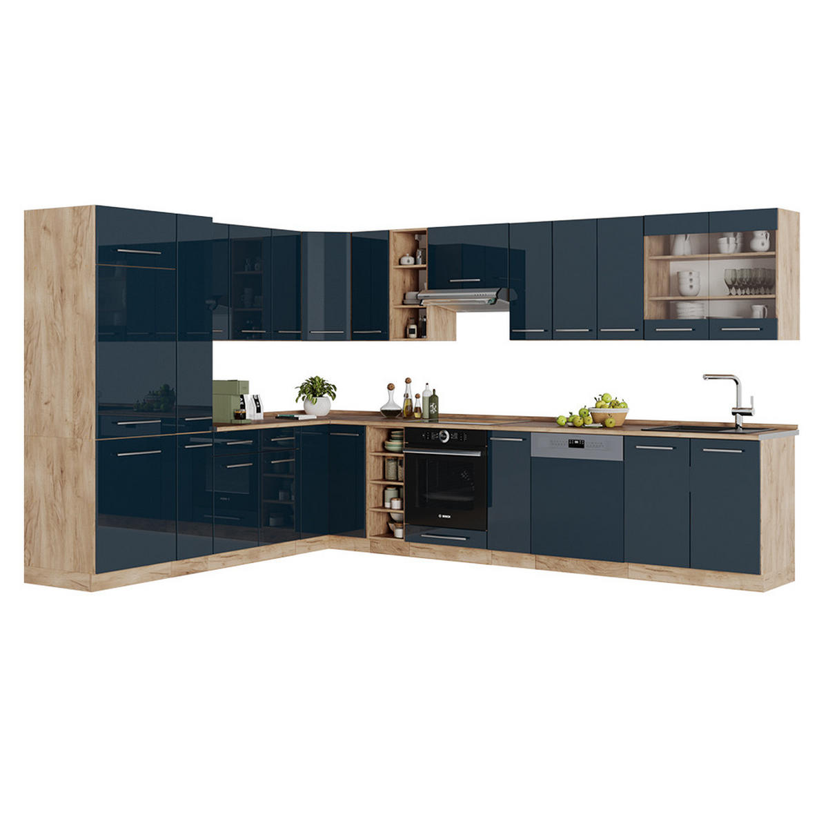 ECKKÜCHE Fame-Line Dunkelblau Hochglanz/Goldkraft Eiche 257 x 60 cm ohne AP - Eiche Wotan/Dunkelblau, Holzwerkstoff (347/81.6/46cm) - Vicco