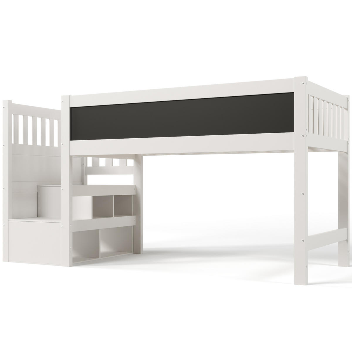 HOCHBETT aus Massivholz und MDF 90/200 cm mit Tafel, Stauraumtreppe und Rausfallschutz, Weiß - Weiß, Textil - Redom