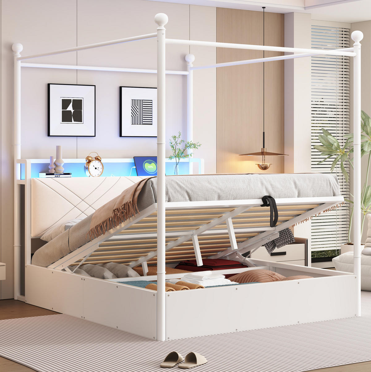 JUGENDBETT Himmelbett 140/190 cm aus Metall mit LED USB-C und Bettkasten Weiß - Weiß, Metall (140/190cm) - Modenvie