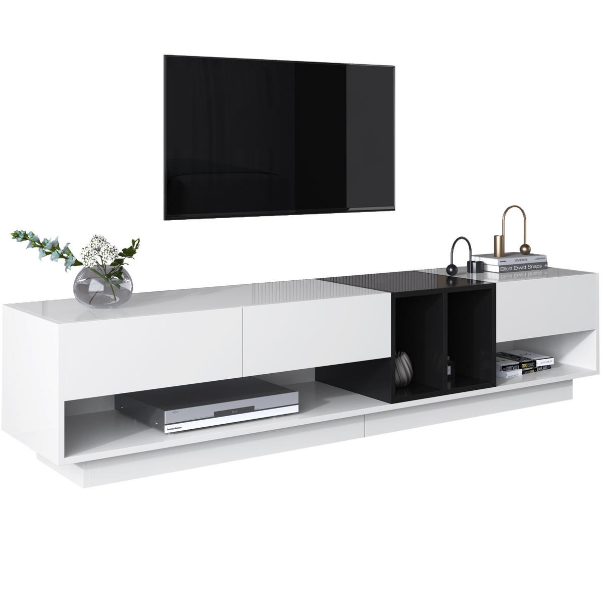 TV-LOWBOARD 190/40/42 cm mit 3 Schubladen und 2 offenen Fächern - Schwarz, Holzwerkstoff (190/42/40cm) - BEAOK