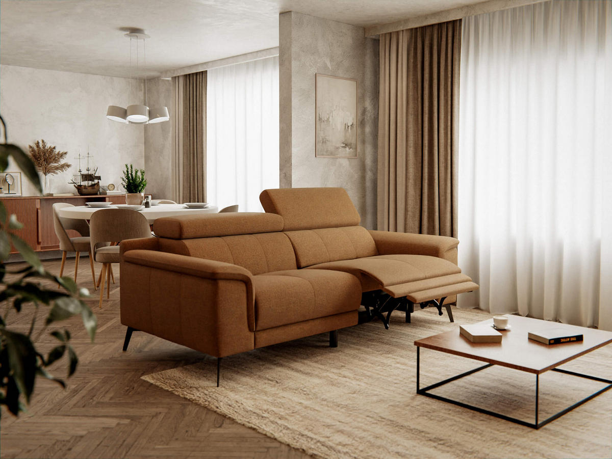 RELAXSOFA FIERO 3-Sitzer mit 1 Relaxfunktion, orange - Schwarz/Orange, Holzwerkstoff/Textil (212/82/103cm) - Courtois Laville