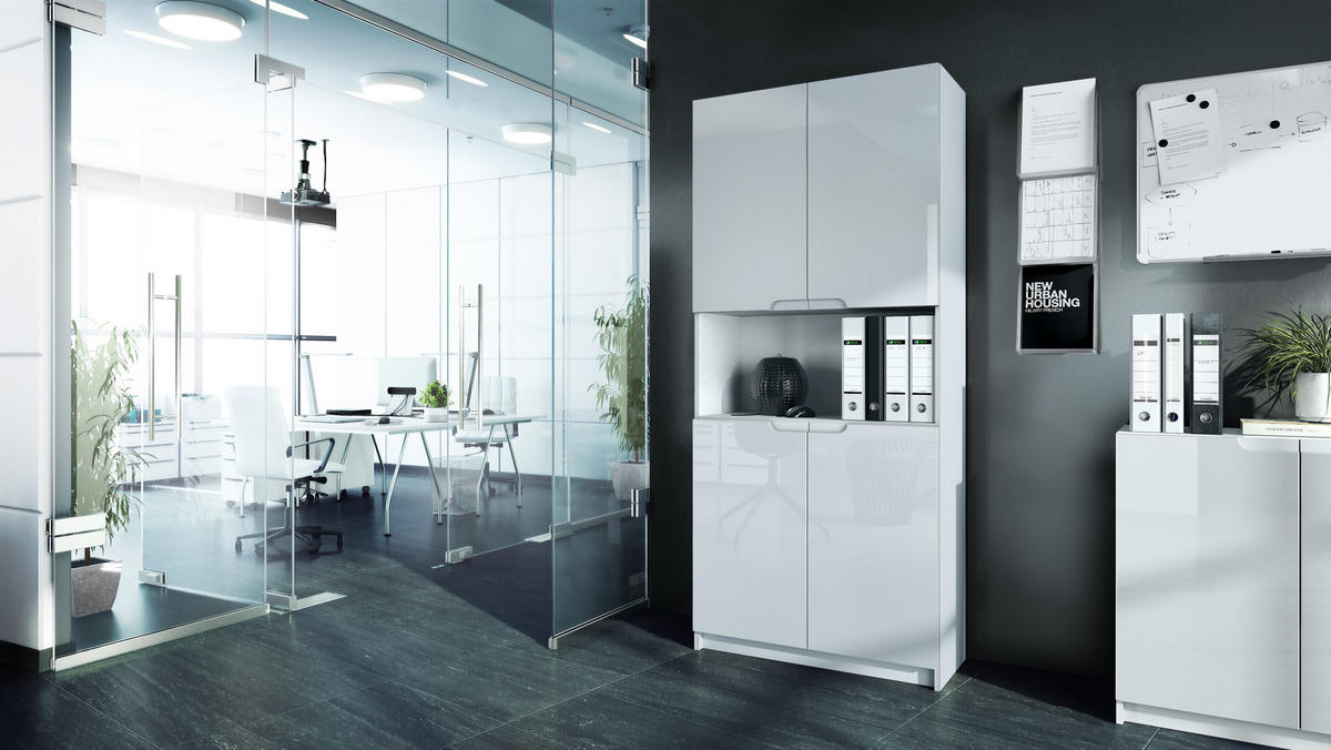 BÜROSCHRANK Logan Fronten in Weiß Hochglanz - Weiß Hochglanz, Holzwerkstoff (82/184/37cm) - Vladon