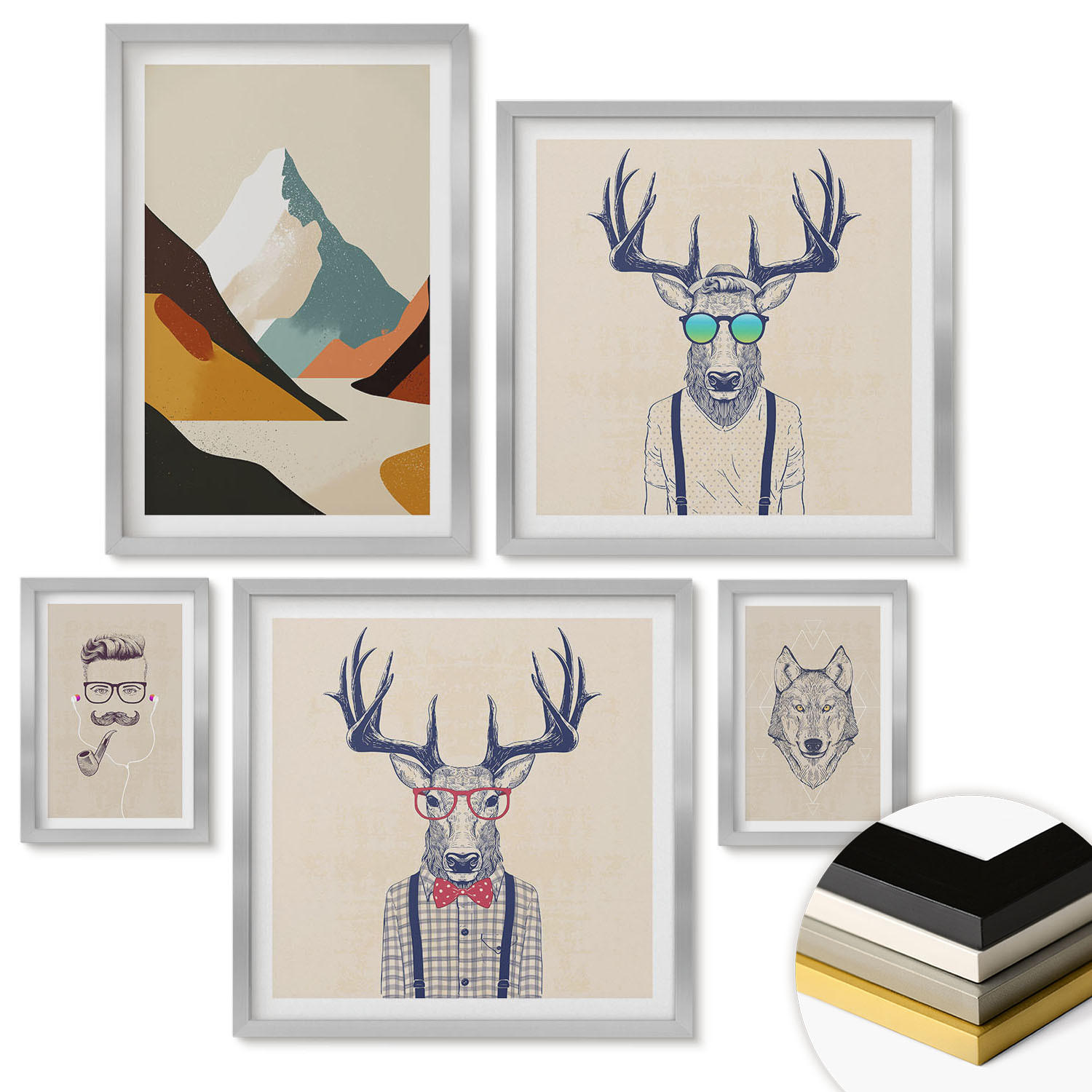 WANDBILDER 5er Set - 50x50 cm & 20x30 cm & 40x60 cm Silberner Rahmen - Strand, Leuchtturm, Berge, Wiesen, Blumen - Silberfarben, Kunststoff (40/60cm) - ArtPrintCave