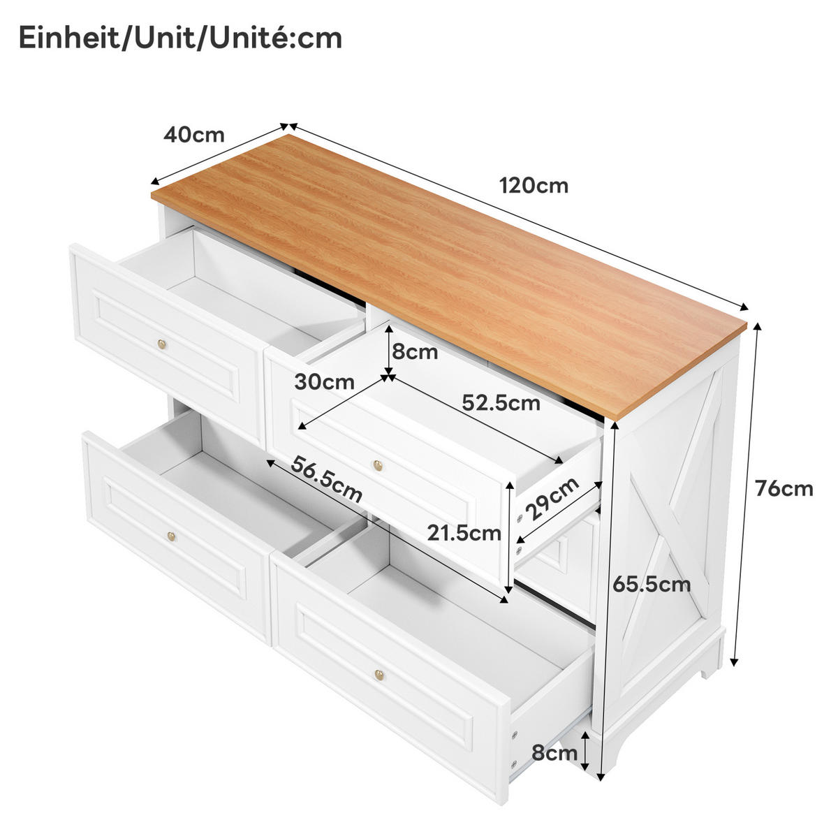KOMMODE aus MDF & Spanplatte 120x40x76cm in Weiß mit 6 Schubladen - Weiß, Holzwerkstoff (120/76/40cm) - Modfu