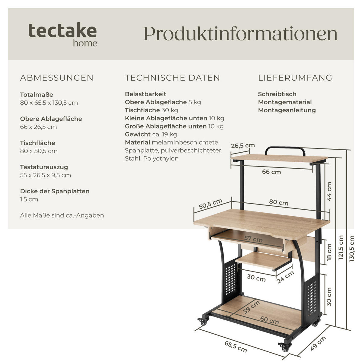 SCHREIBTISCH Fife,80 x 65,5 x 130,5 cm,Industrial Holz hell, Eiche Sonoma - Naturfarben, Holzwerkstoff (80/65.5/130.5cm) - tectake