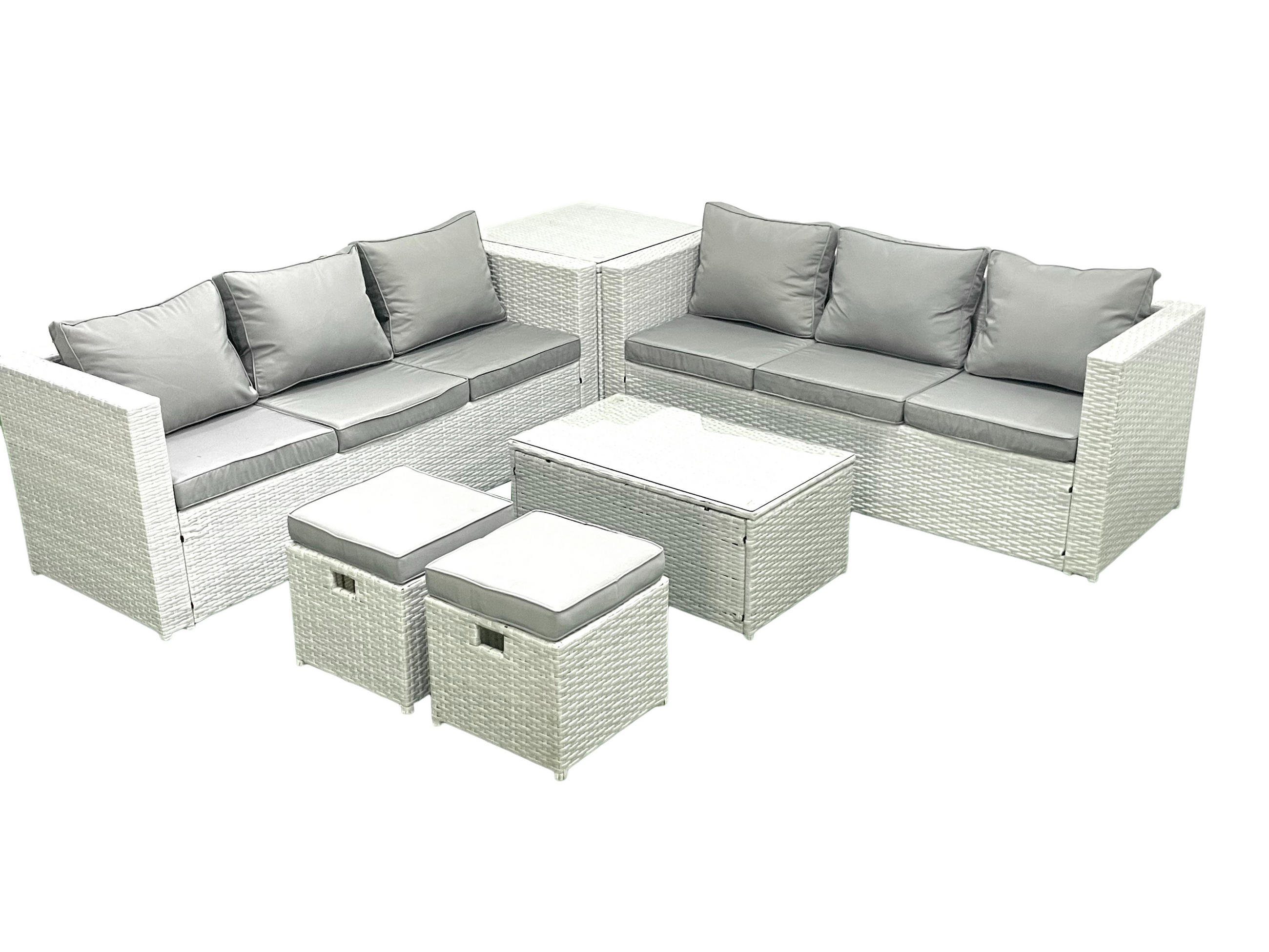 GARTENGARNITUR mit 3-SITZER SOFA,COUCHTISCH Polyrattan Hellgrau-Mix 8-Sitzer - Hellgrau/Grau, Glas/Kunststoff - Fimous