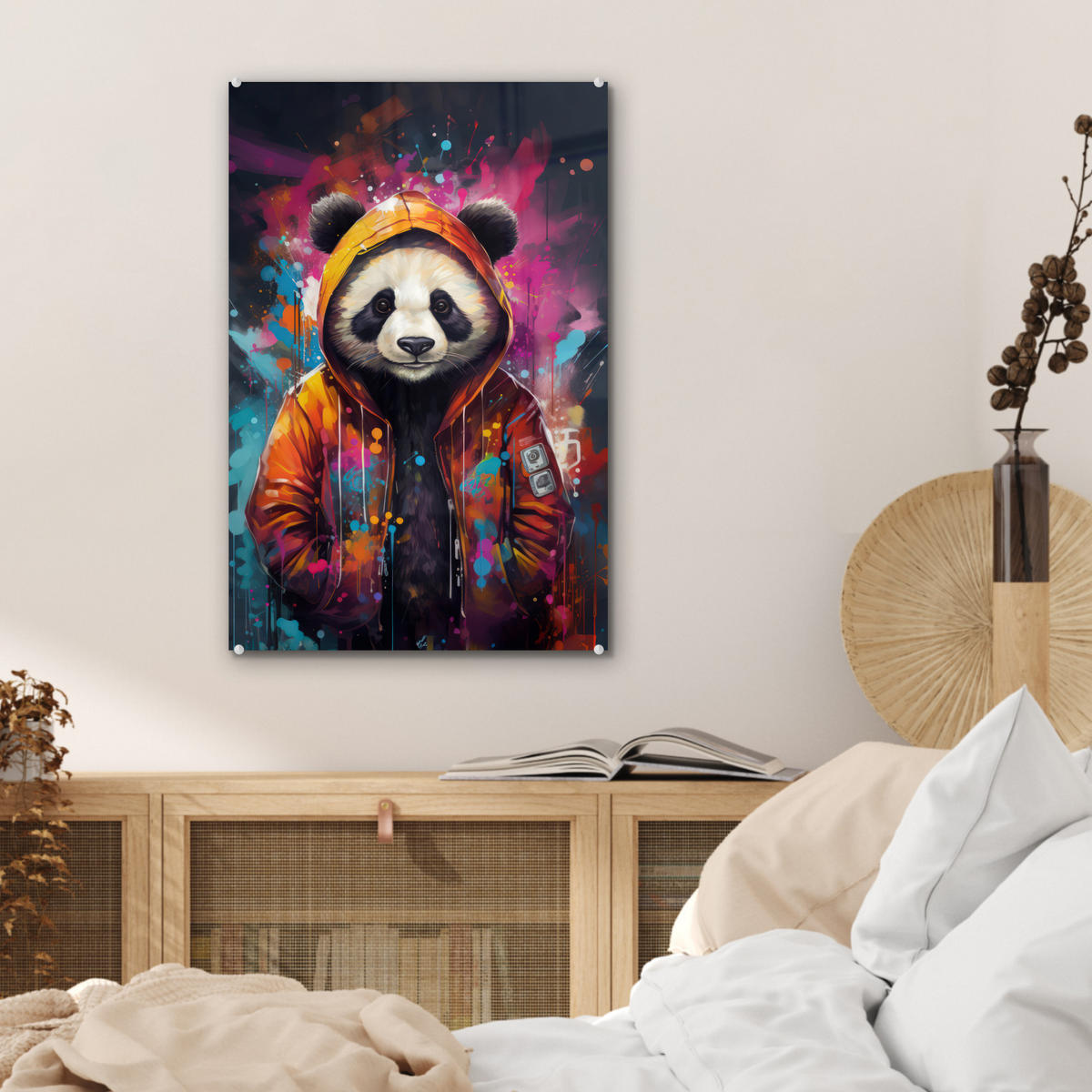 ACRYLGLASBILD Panda - Jacke - Graffiti - Orange 40x60 cm - Orange, Glas (40/60cm) - MuchoWow