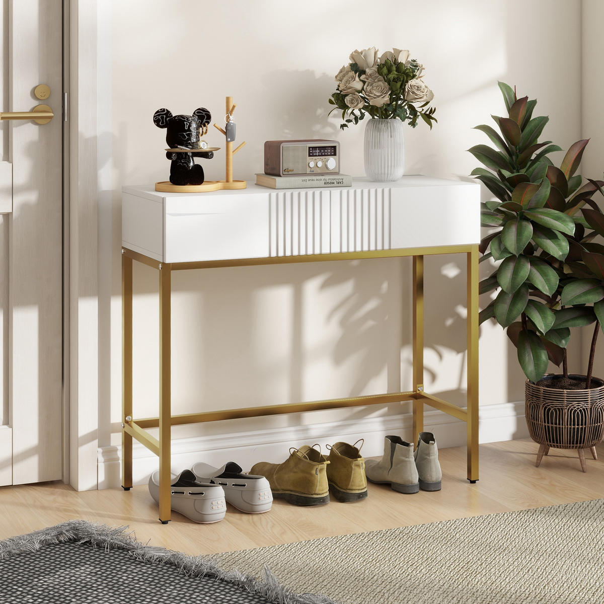 KONSOLENTISCH DE-16771 2 Schubladen, goldene Beine Weiß - Weiß, Holzwerkstoff (80/31.5/75cm) - ComfortXL