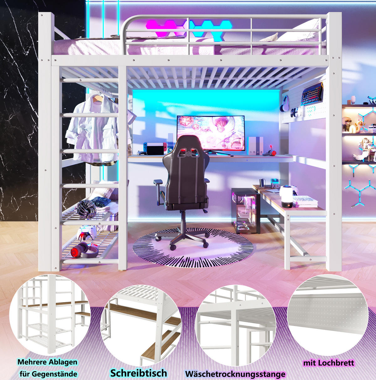 HOCHBETT 140/200 cm aus Metall mit LED-Lichtleiste, Schreibtisch, Weiß - Weiß, Metall (140/200cm) - OKMYHOME