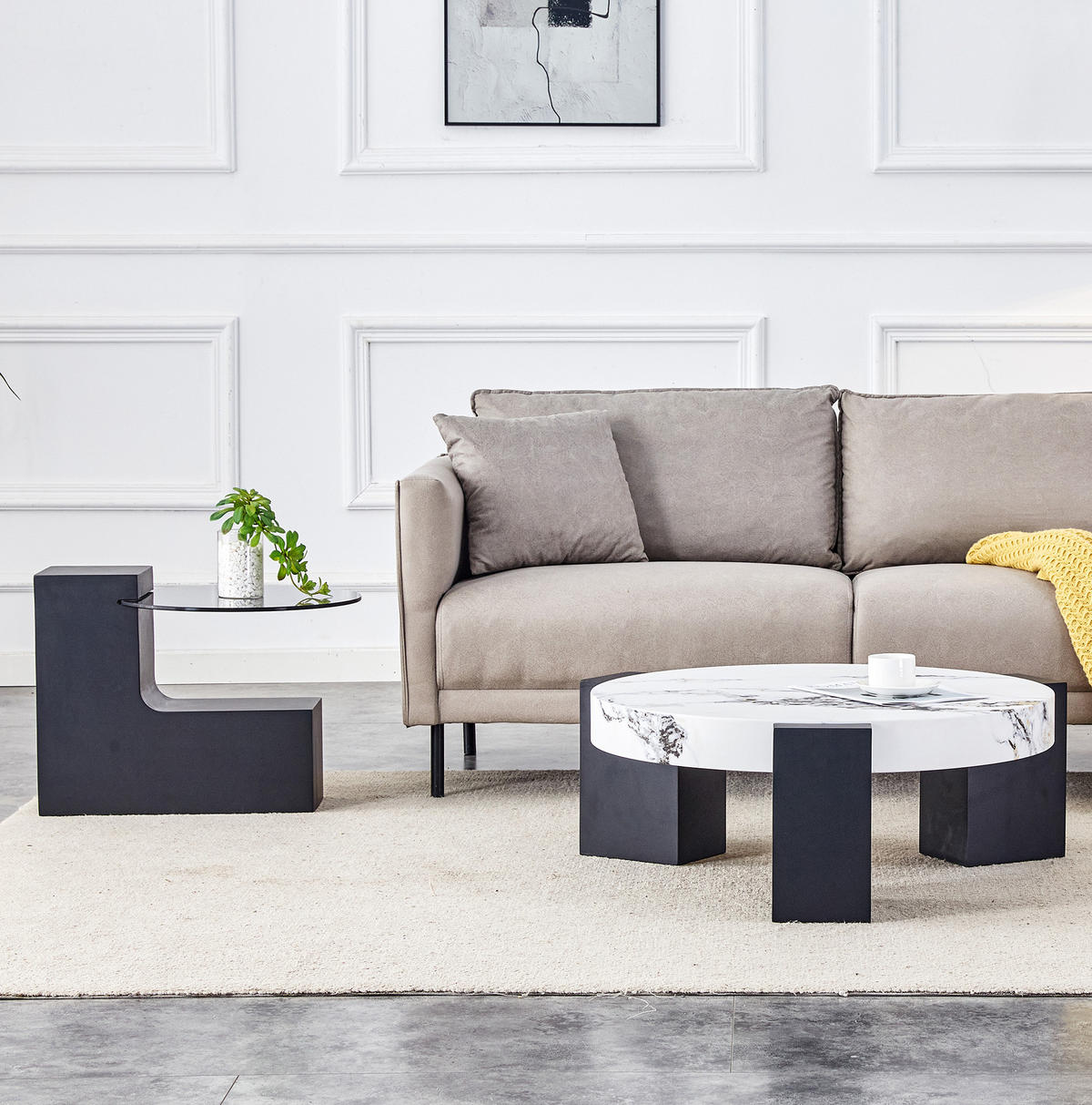 COUCHTISCH 2er-Set rund 61/44 cm Marmor-Optik Schwarz - Weiß, Glas (61/61/39cm) - Meubliv