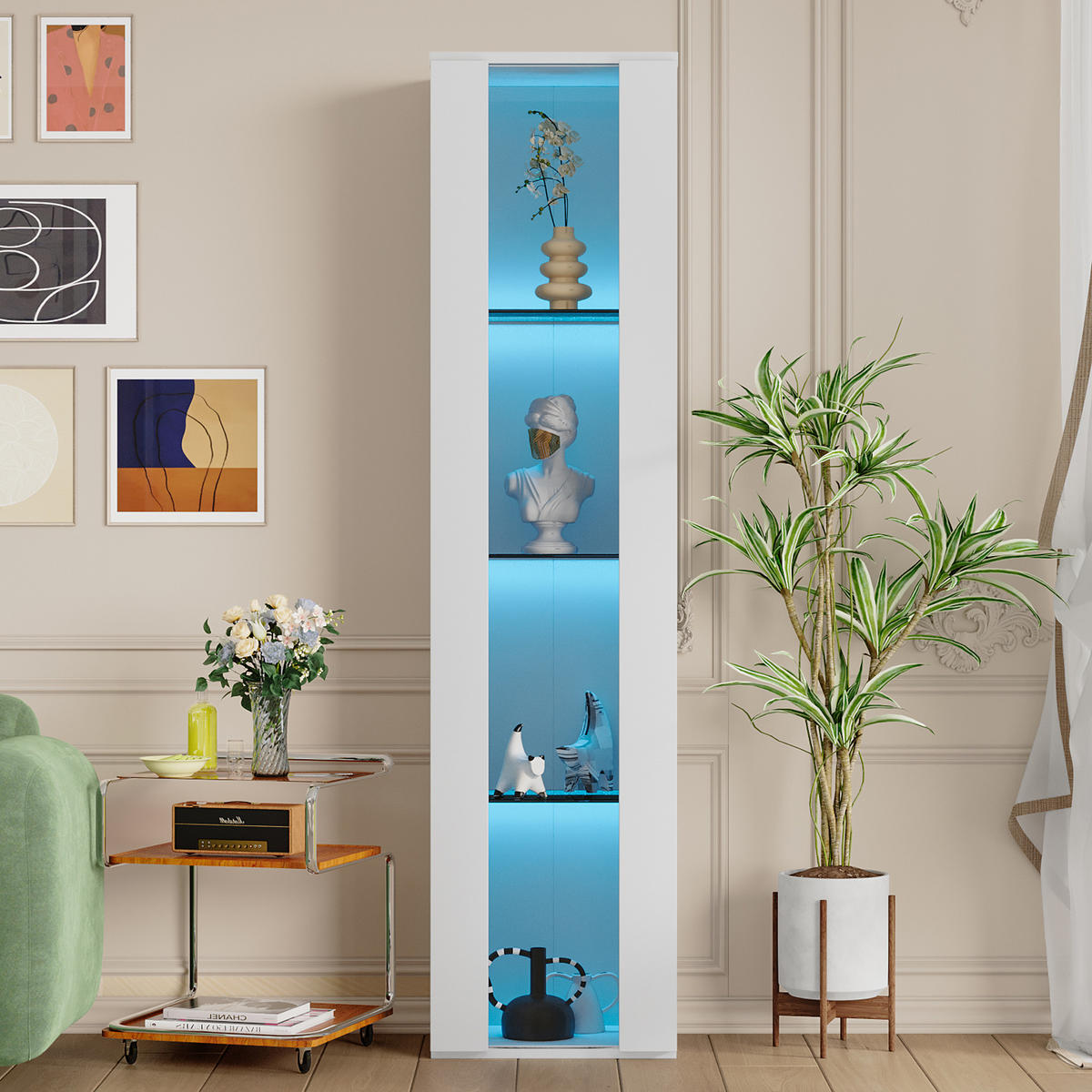 VITRINE mit 4 Ebenen Acrylglas LED Beleuchtung Fernbedienung modern Weiß Spanplatte transparent - Transparent/Weiß, Glas/Holzwerkstoff (40/170/29cm) - EVRYAE