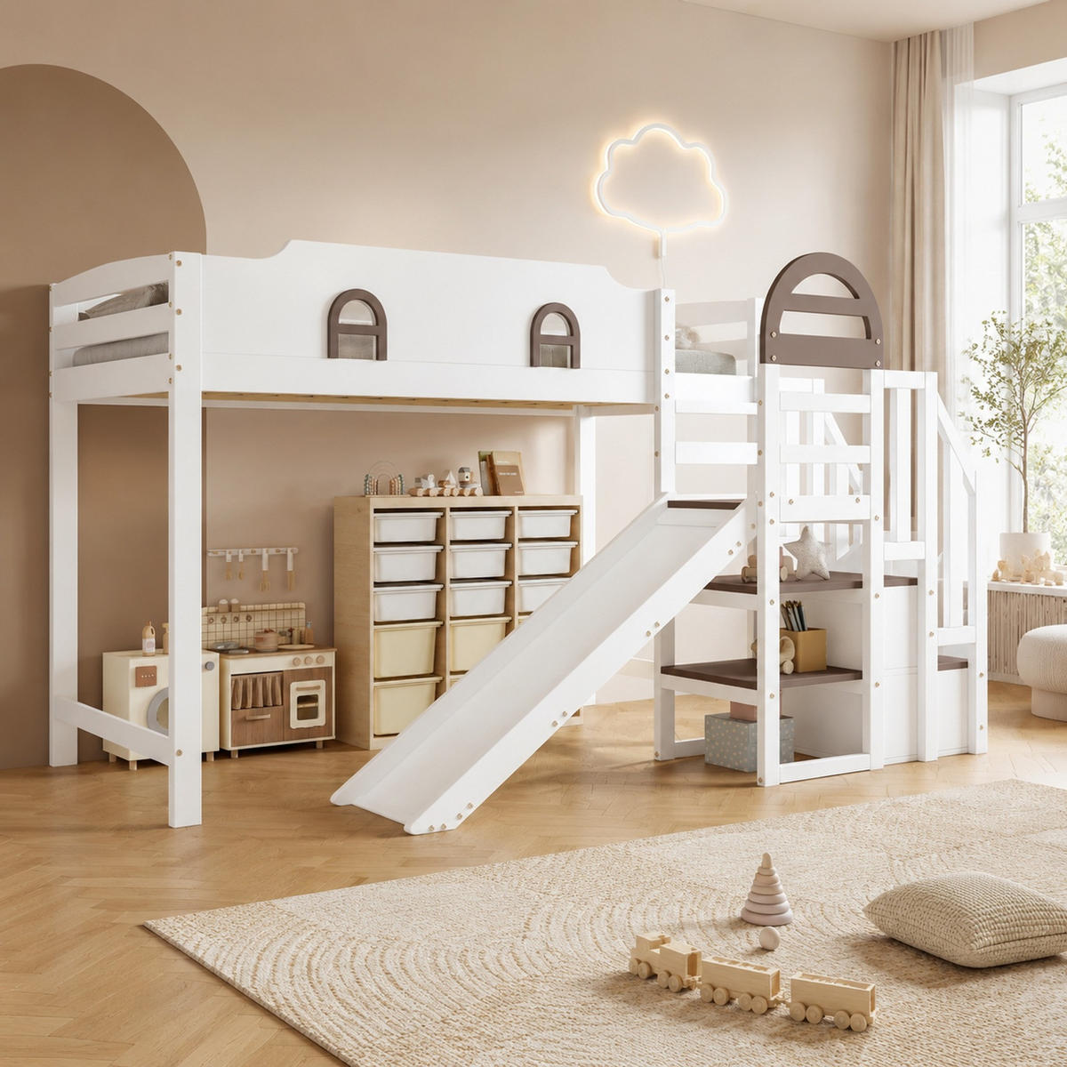 ETAGENBETT 90/200 mit Rutsche, Stauraumtreppe und zwei Fenstern in Weiß und Braun - Weiß, Holz (90/200cm) - EVRYAE