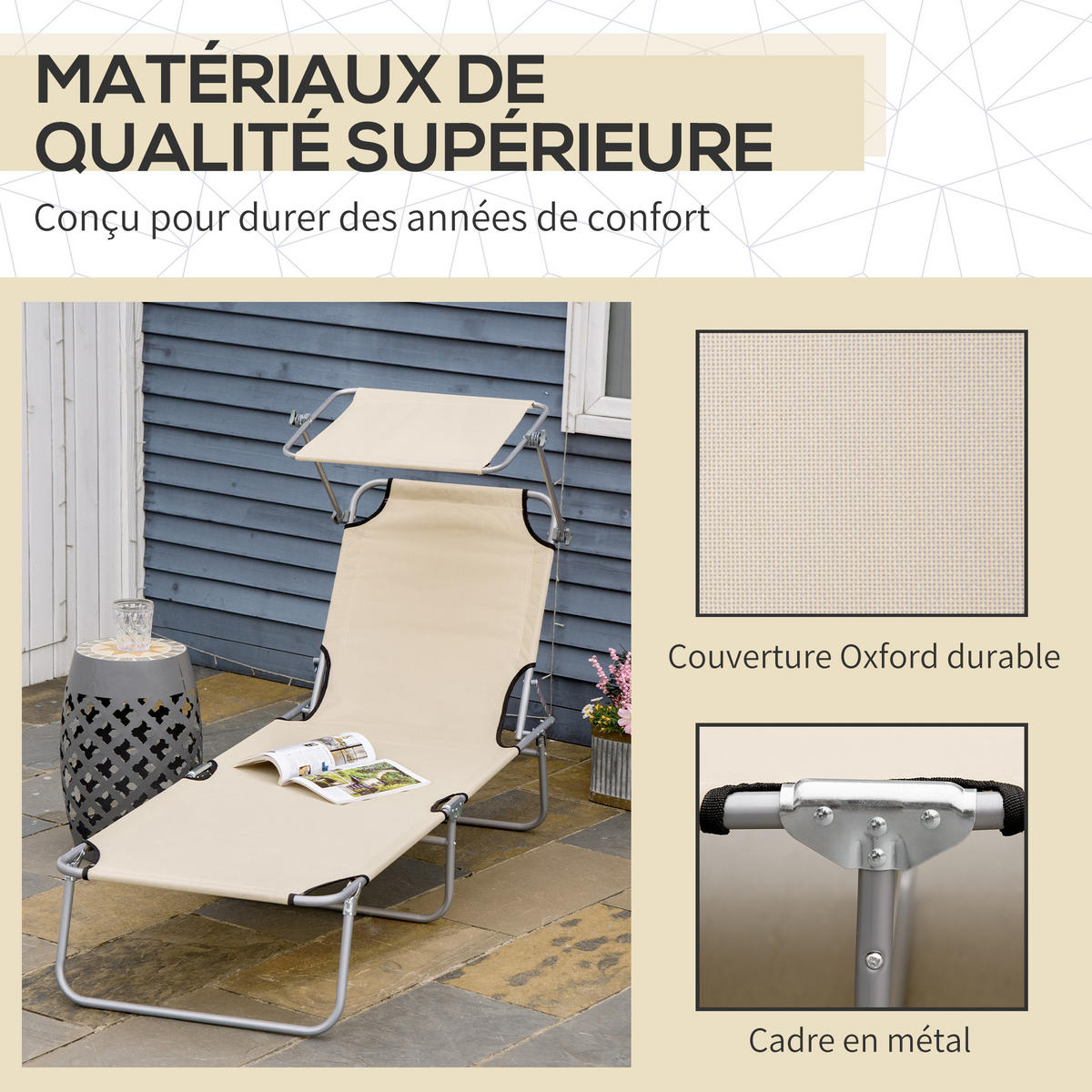 SONNENLIEGE DE-15673 mit 4-fach neigbarer Rückenlehne - Beige, Metall (58/36/187cm) - ComfortXL