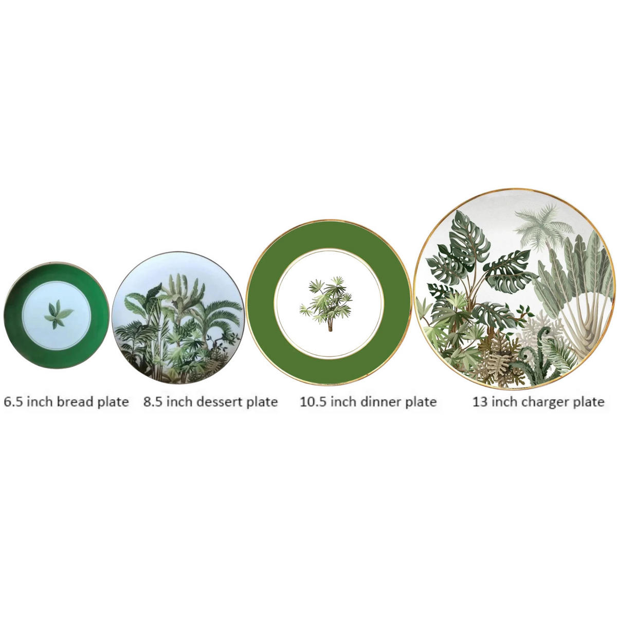 TELLERSET Tropisch Grün Bone China Grün Gold 4tlg Ø30 Ø27 Ø20 Ø16 cm - Weiß Hochglanz/Goldfarben, Keramik (30/2/2cm) - Quality Elegance