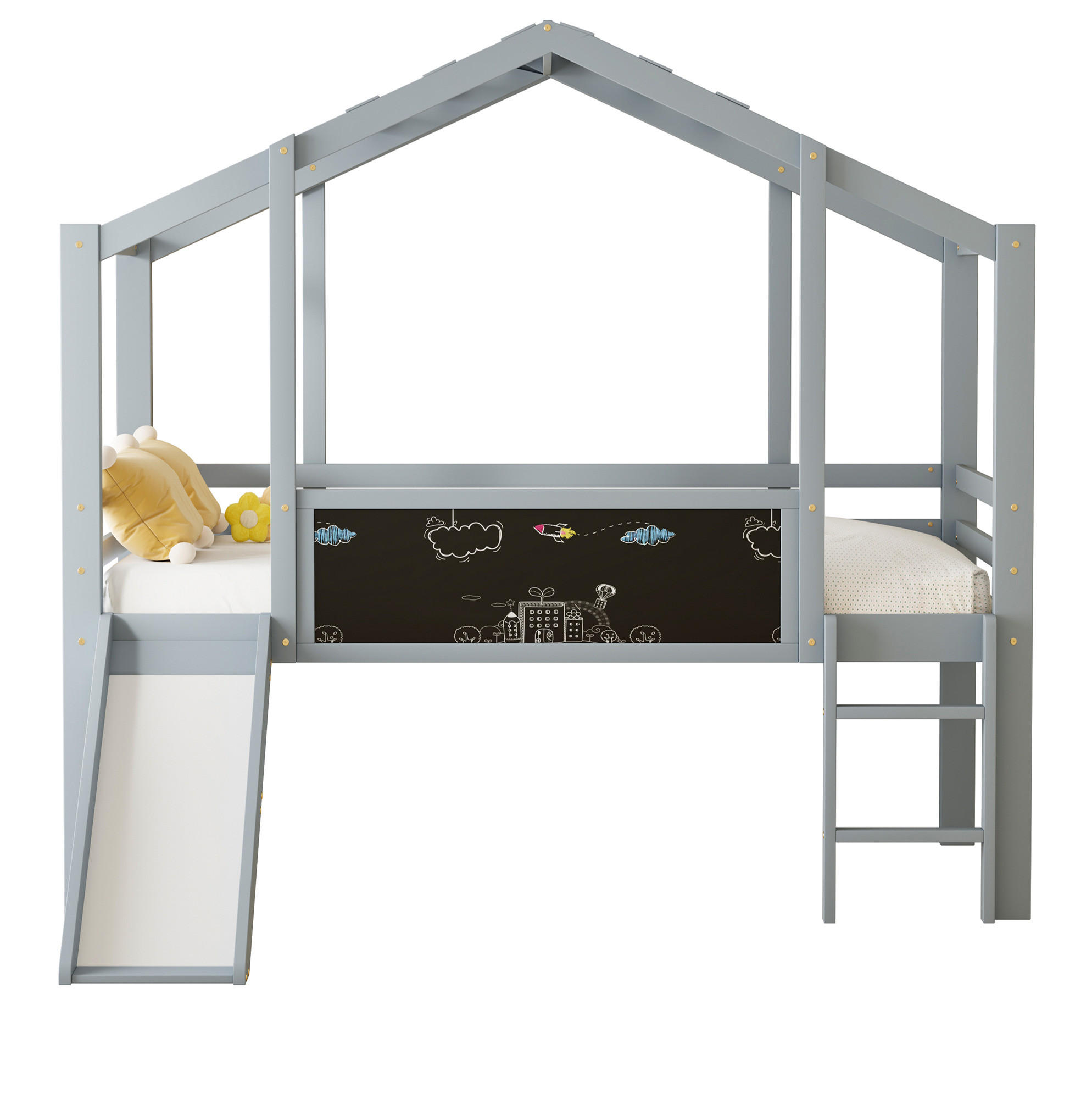 KINDERBETT 90/200 cm im Hausdesign mit Rutsche und Tafel, aus Massivholz Grau - Grau, Holz (90/200cm) - Flora Grace