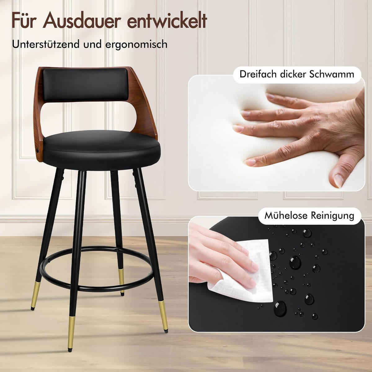 BARHOCKER 2-teiliges Set Holz-Sitz Schwarz 65 cm - Multicolor, Metall (47/92/50cm)