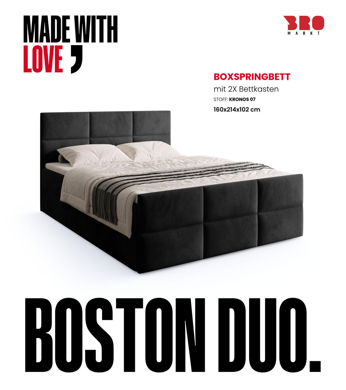 BOXSPRINGBETT Boston Duo Mit Bettkasten, Topper und Matratze Schwarz Kronos 07 160x200 cm - Schwarz, Textil (160/200cm) - Bromarkt
