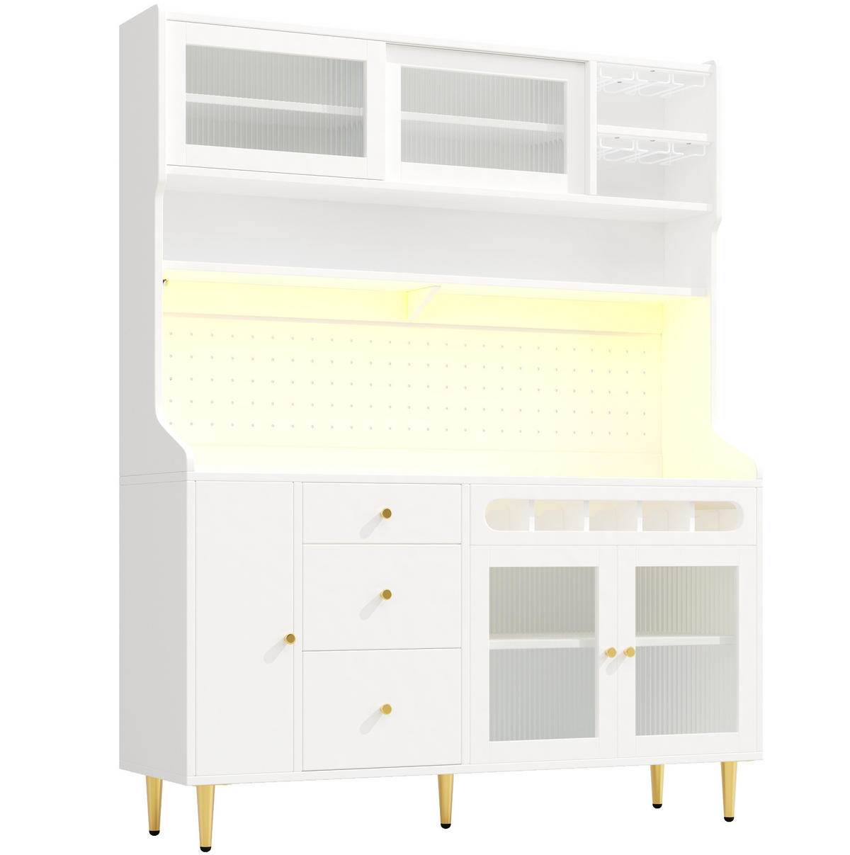 BUFFET 145/39/171 cm aus MDF und Glas mit LED-Beleuchtung und verstellbaren Einlegeböden Weiß - Weiß, Holzwerkstoff (145/171/39cm) - Modenvie