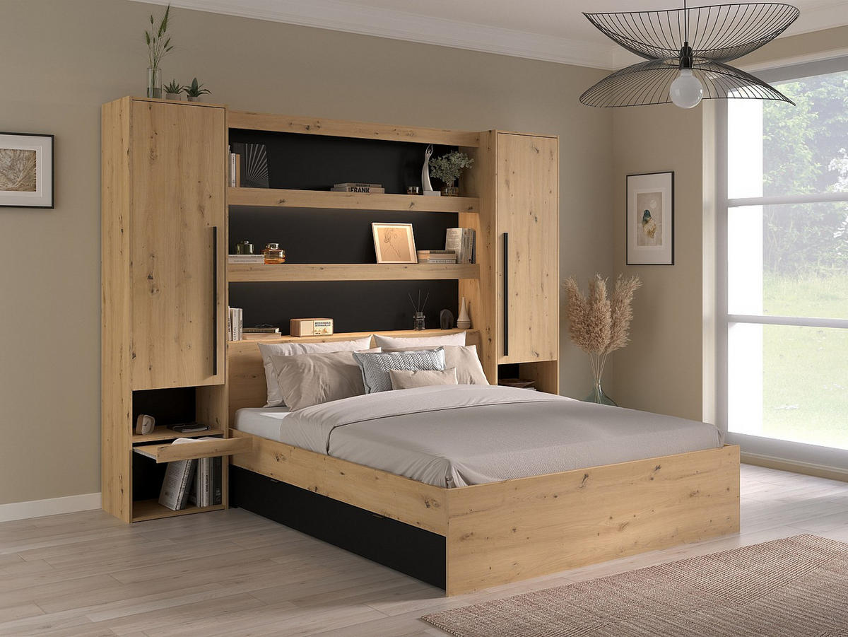 BETTBRÜCKE - 2 Personen - Holz, Platte - Schwarz, Naturfarben Hell - - Schwarz/Naturfarben, Holz (160/190cm) - Vente-Unique