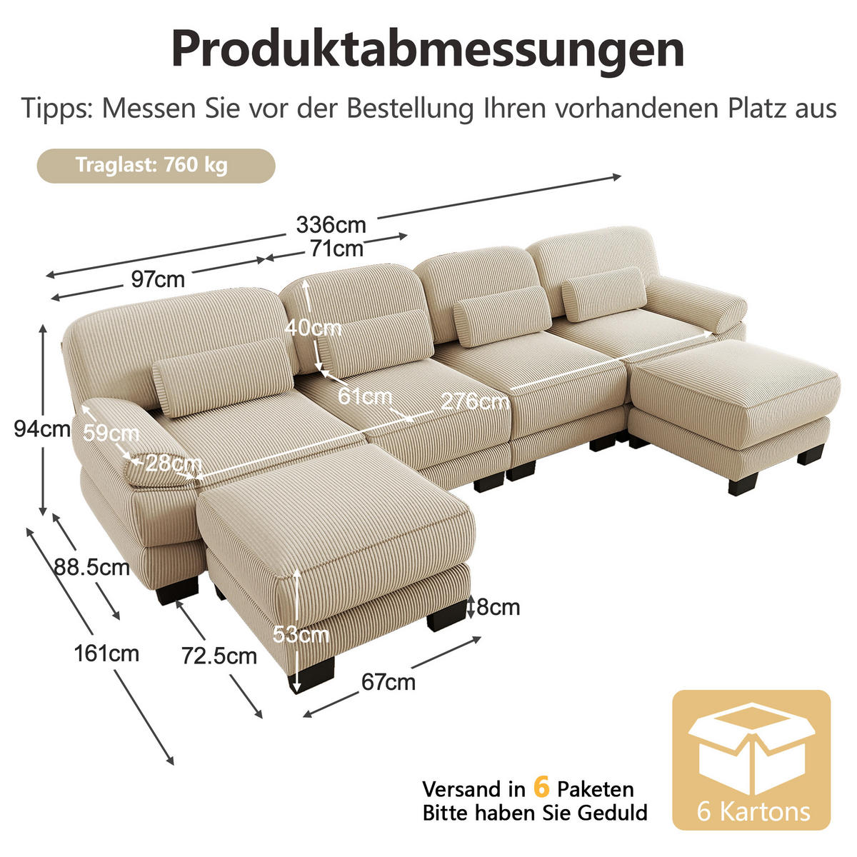 WOHNLANDSCHAFT 4-Sitzer U-Form mit 2 Hockern, DE-42659, Beige - Beige, Holz (336/94/161cm) - ComfortXL