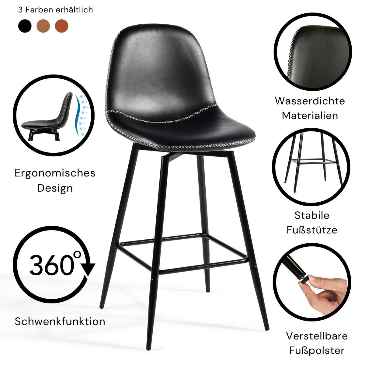 BARHOCKER Drehbare 2er-Set H67 cm - Schwarz, Textil/Metall (42.5/97/46.5cm) - Urban Meuble