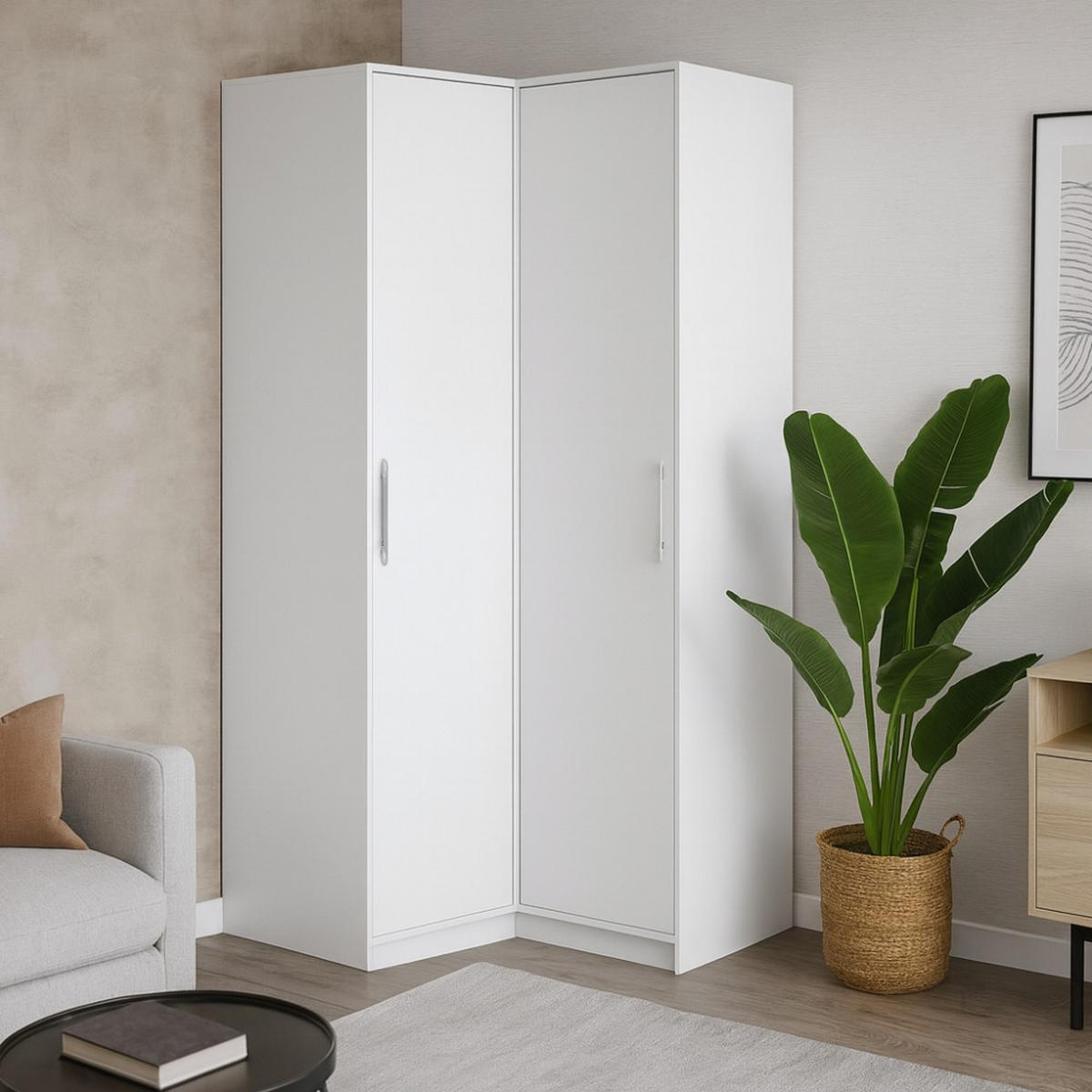 ECKSCHRANK Bora, Eckdrehtürenschrank mit 2 Türen, Weiß - Weiß, Holzwerkstoff (108.5/200/106.5cm) - Beautysofa