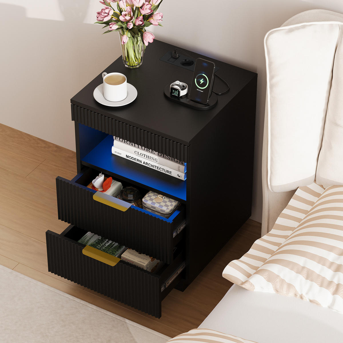 NACHTSHRANK Schwarz mit LED-Beleuchtung, Steckdose, USB & Type-C, Nachttisch mit 2 Schubladen, 40/40/60 cm - Goldfarben/Schwarz, Holz/Metall (40/60/40cm) - BPKADHY