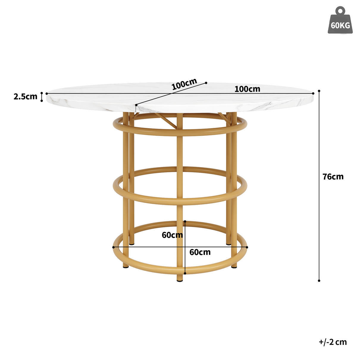 ESSTISCH Runder 100/100/76 cm gold mit Marmorplatte und Metallbeinen - Weiß, Holzwerkstoff (100/100/76cm) - OKWISH