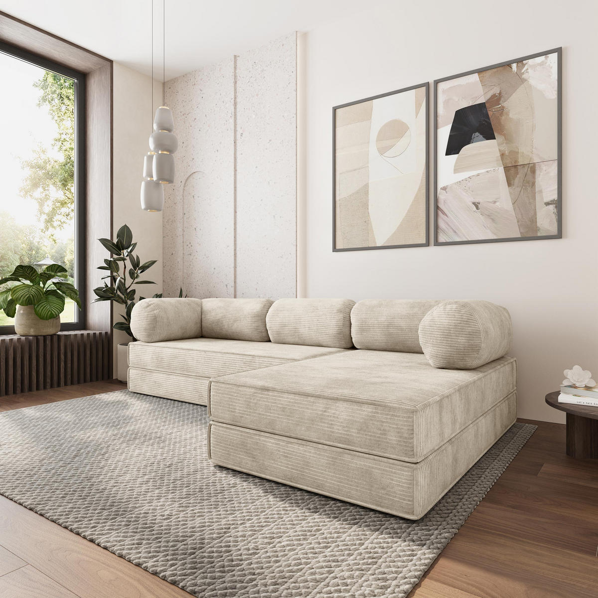 ROHOVÁ SEDAČKA ETERA modulární Boneless pohovka s funkcí spaní, krémová POSO 100 - krémová, textil (270/160cm) - MASSENO