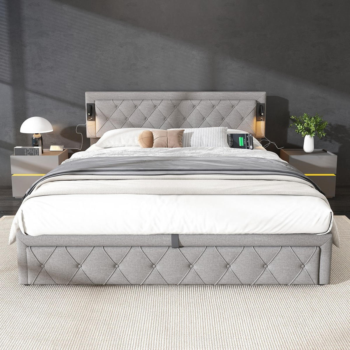 POLSTERBETT 180x200 cm in Grau Leinen mit Downlight & USB-Schnittstelle - Grau, Holz/Textil (180/200cm) - KOMHTOM