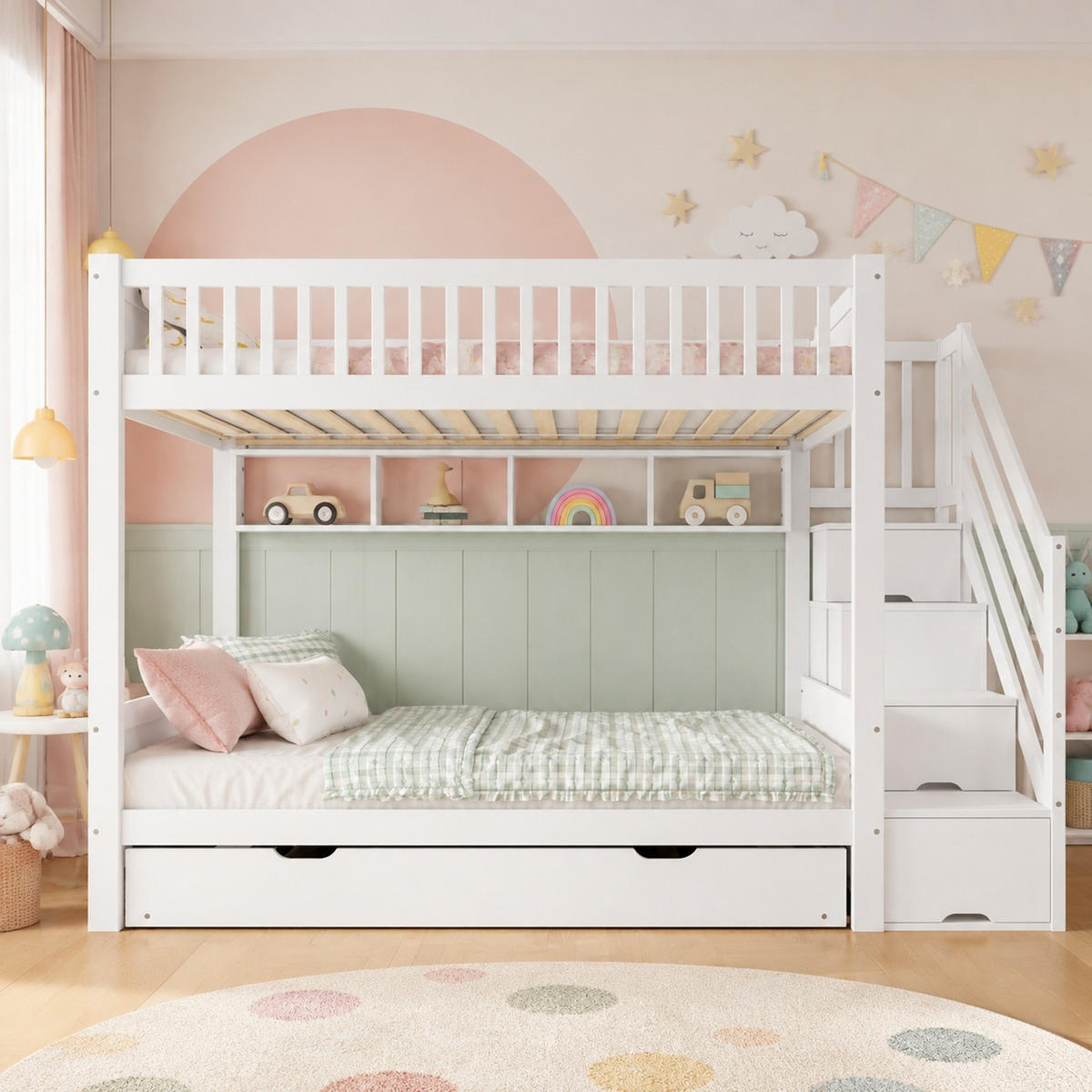 ETAGENBETT 90/200 mit Ausziehbett, Regal und Kleiderschrank in Weiß - Weiß, Holz/Holzwerkstoff (90/200cm) - EVRYAE
