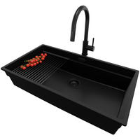 GRANITSPÜLE Praga Slim, 2-er set Schwarz 86/47 cm 1 Becken + Küchenarmatur 40/20 cm + Ablauf-Set + Aufrollbare Abtropffläche ab 90er Unterschrank - Schwarz, Kunststoff (86/20/47cm) - Primagran