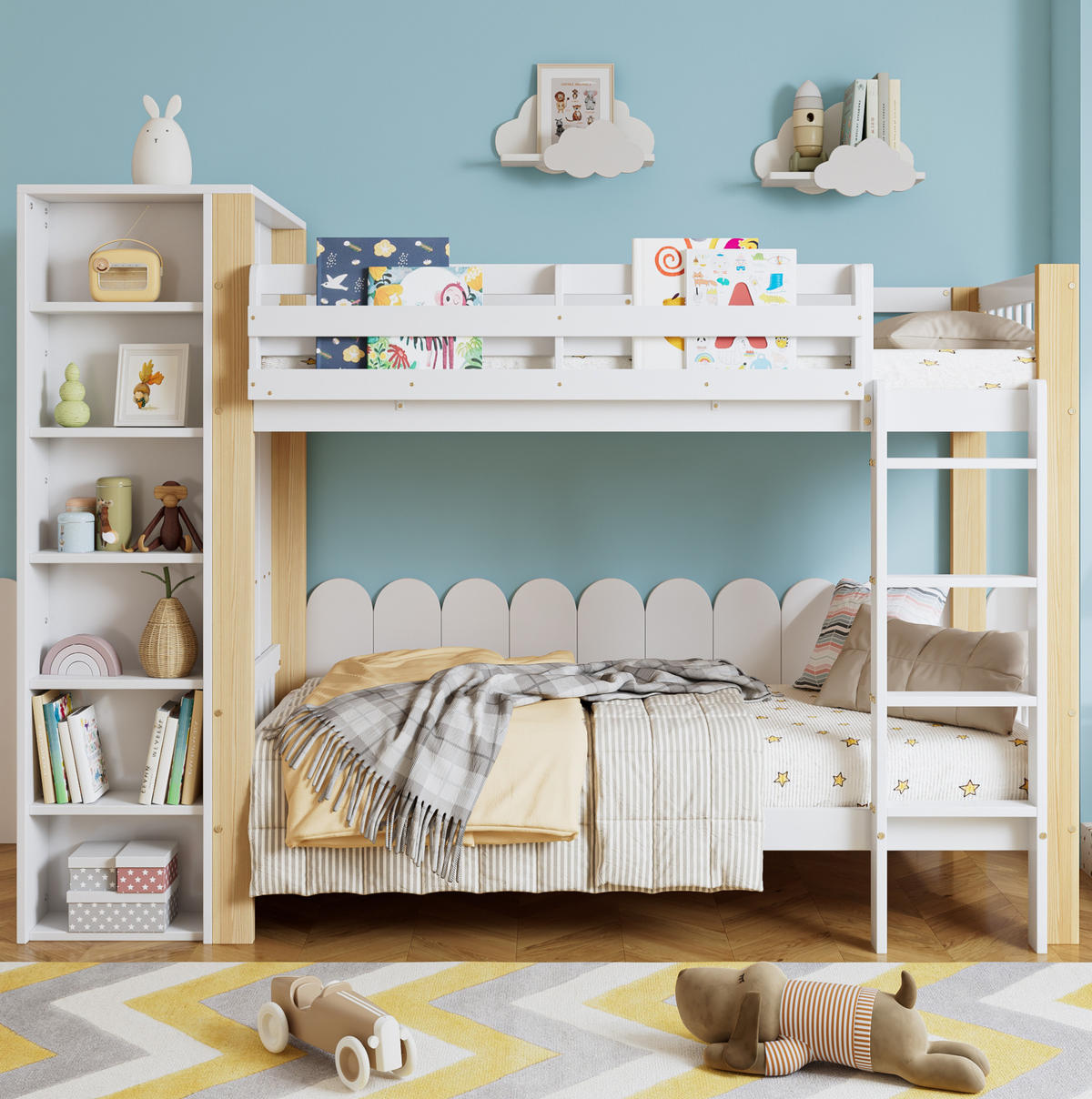 ETAGENBETT aus Kiefer und MDF 90x200 cm Weiß/Natur mit Kleiderschrank, 6 offenen Regalen und 4-stufiger Leiter - Weiß, Holzwerkstoff (90/200cm) - Modfu