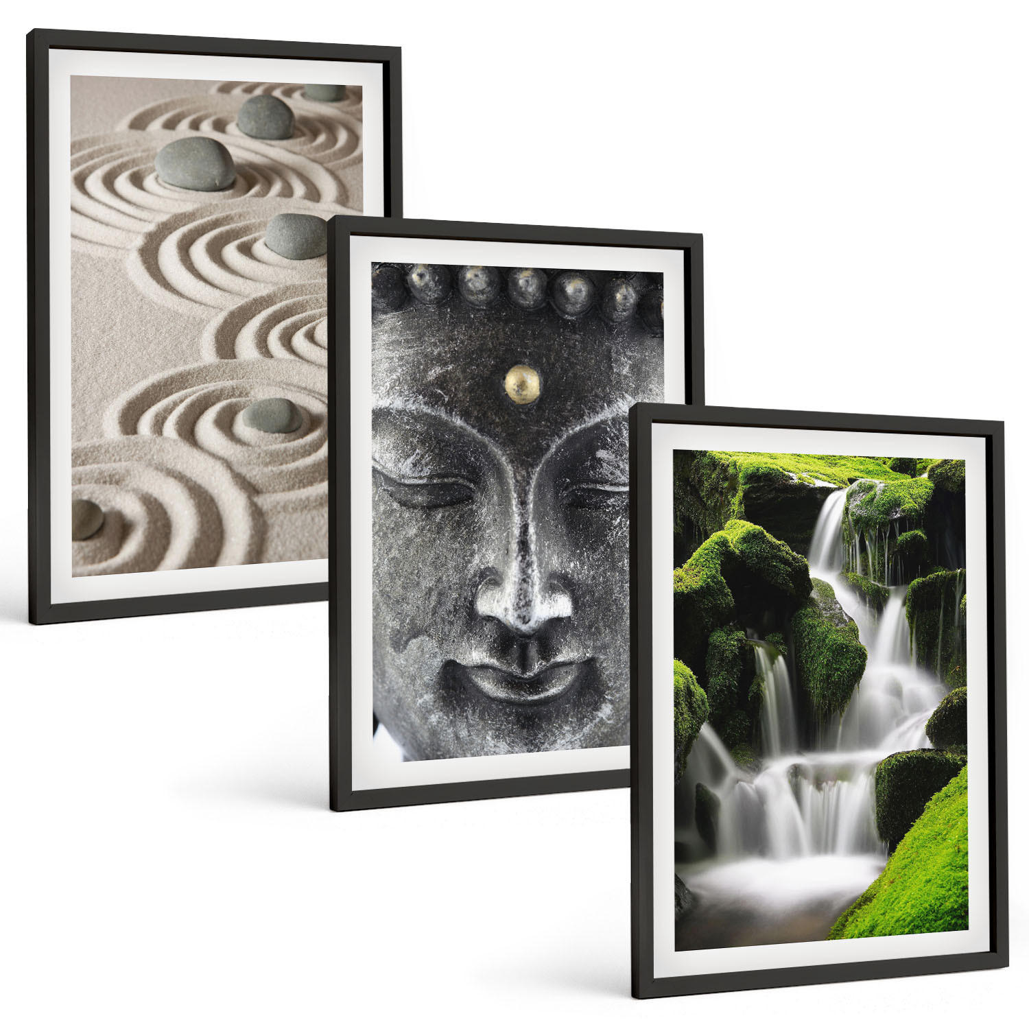BILDER SET 3er Set - 40x60 cm Schwarzer Rahmen - Der Frieden der Steine des Buda Zen-Wasserfalls - Schwarz, Kunststoff (40/60cm) - TULUP