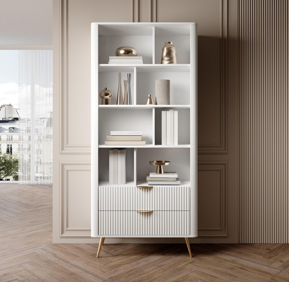 REGAL Lante Weiß, mit Schubladen, Goldene Beine - Goldfarben/Weiß, Holzwerkstoff (88/194/38cm) - Bettso