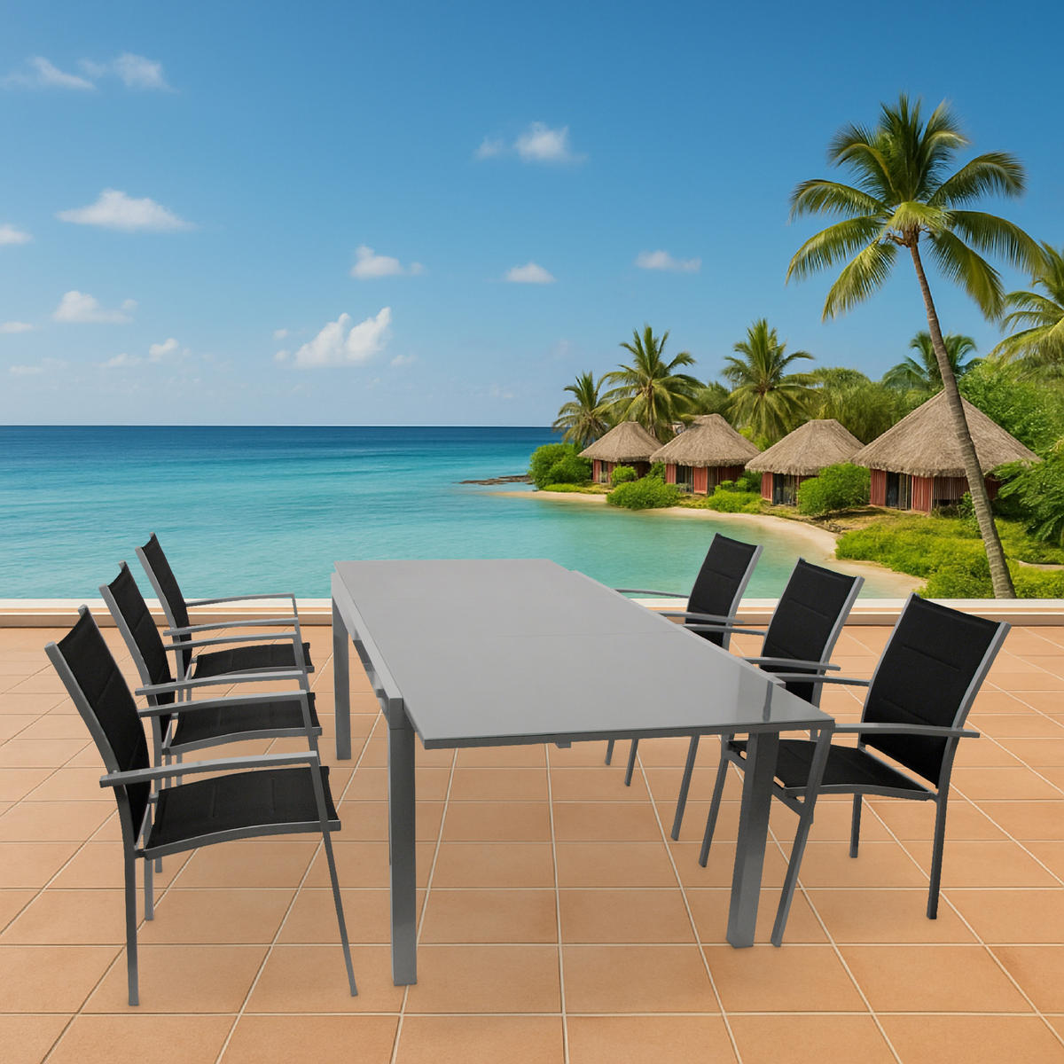 GARTEN-GARNITUR Ashford - 7-teilige Garten-Essgruppe (6x Stapelsessel mit Armlehnen, 1x Ausziehtisch 180/240x100cm), Gestell Aluminium - Schwarz, Metall - TPFGarden