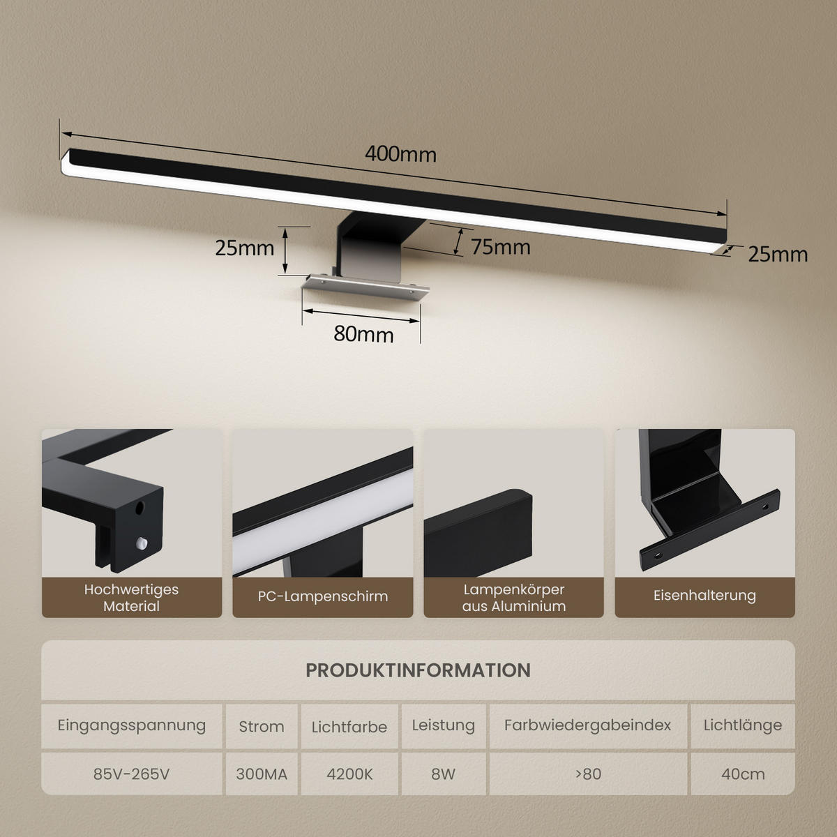 SPIEGELLEUCHTE LED Schwarz 6000K 40/10,5/4 cm - Schwarz, Kunststoff (4/40/10.5cm) - EMKE