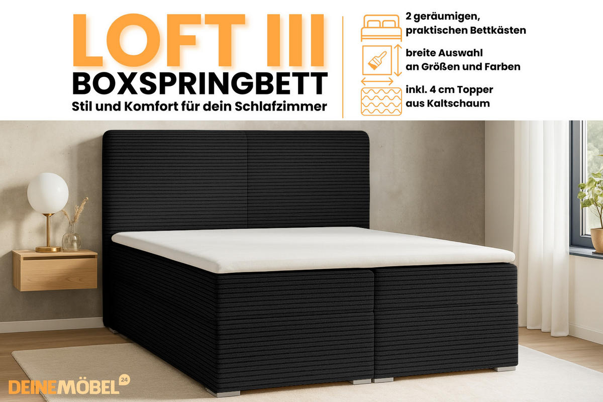 BOXBETT LOFT III 180/200 Cord Schwarz mit Taschen-Federkernmatratzen 7 Zonen H4 - Schwarz, Holz/Holzwerkstoff (180/200cm) - Deine Möbel 24