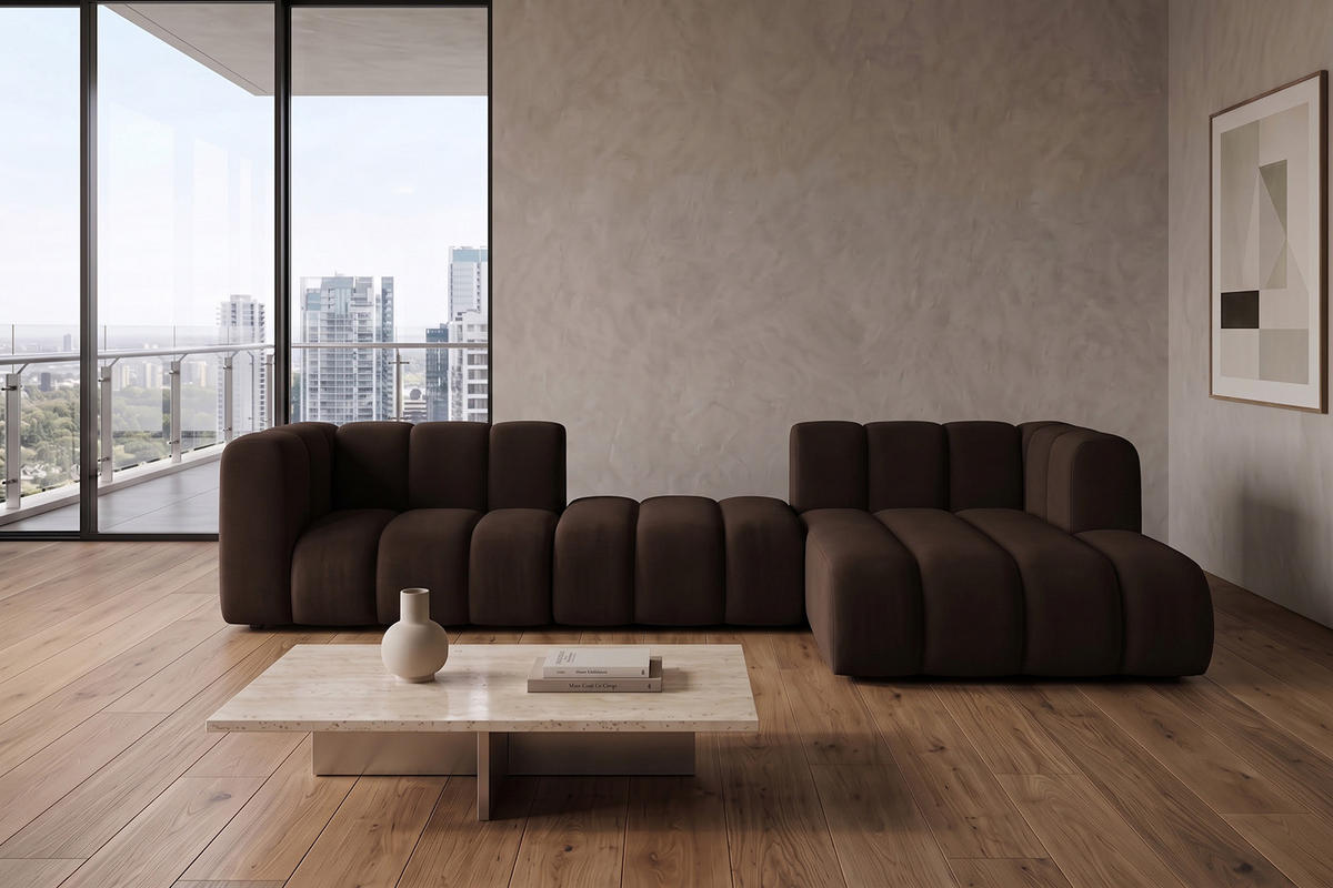 ECKSOFA Modulares In L-Form, Velvet-Stoff Riviera, Schokolade, Rechts, GRAND 319 cm - Braun, Holz (319/175cm) - Kaiser Möbel