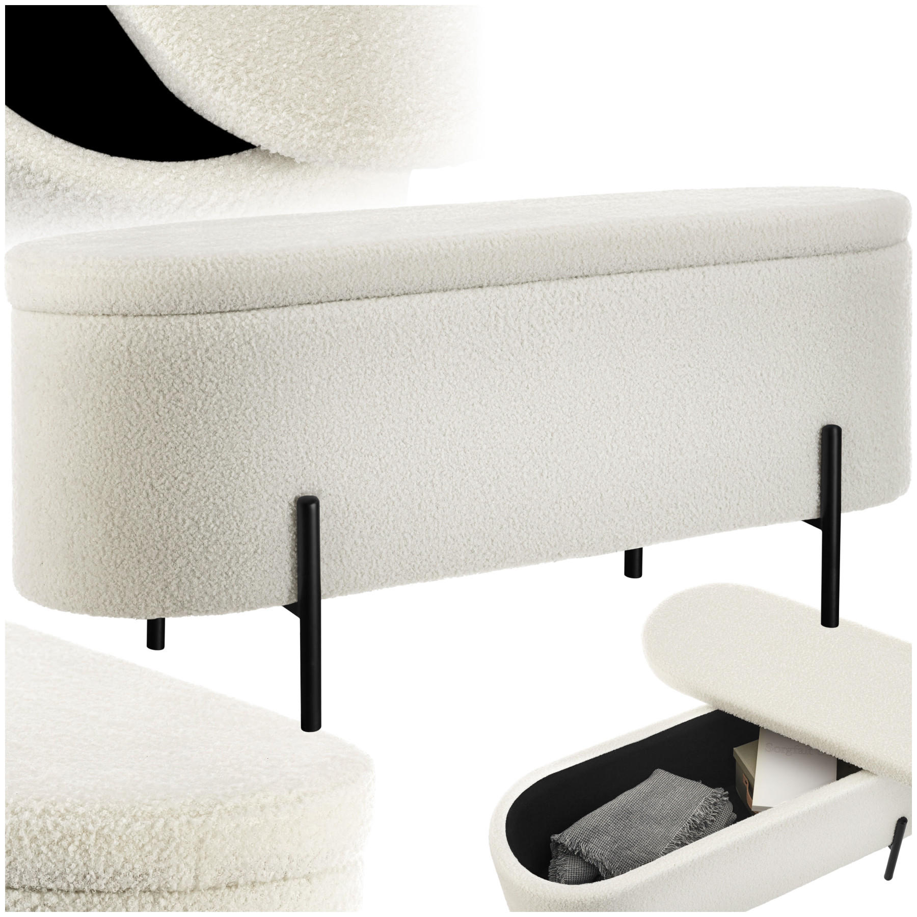 SITZBANK Lanja,97 x 36 x 42 cm,Bouclé creme-weiß - Creme/Weiß, Holz (36/42/97cm) - tectake