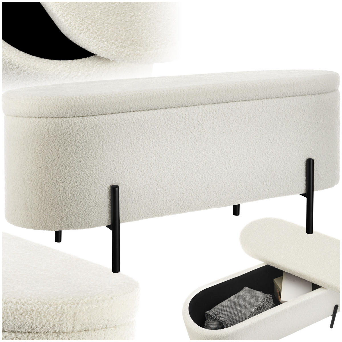 SITZBANK Lanja,97 x 36 x 42 cm,Bouclé creme-weiß - Creme/Weiß, Holz (36/42/97cm) - tectake