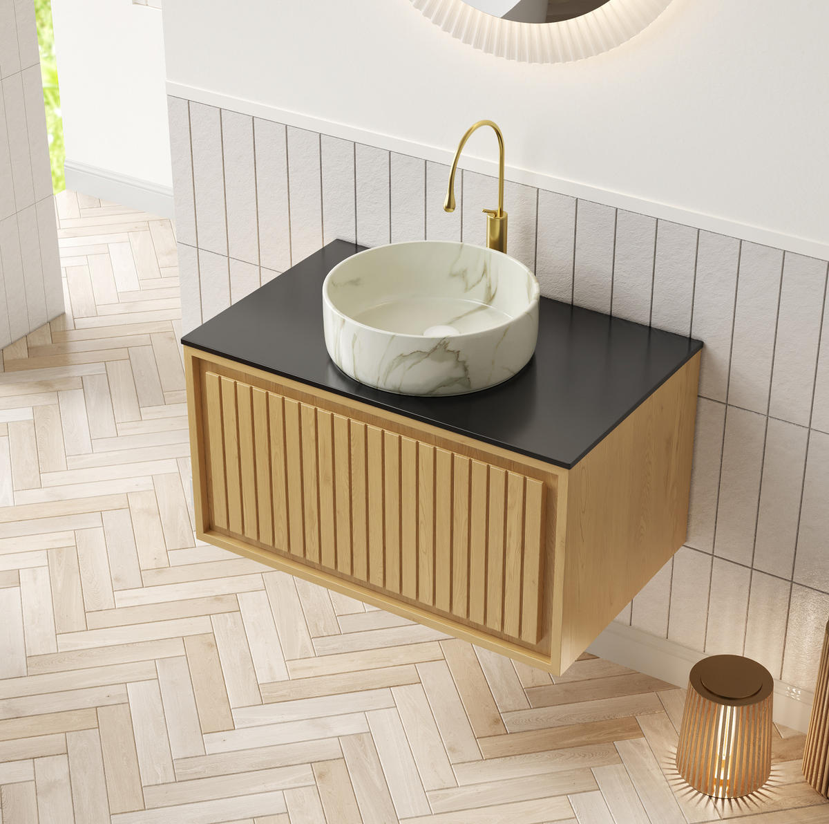 WASCHTISCHUNTERSCHRANK hängend mit Schublade Keramik und Sinterstein Golden Oak - Eichefarben, Holzwerkstoff (48/53.1/76cm) - Beauniv