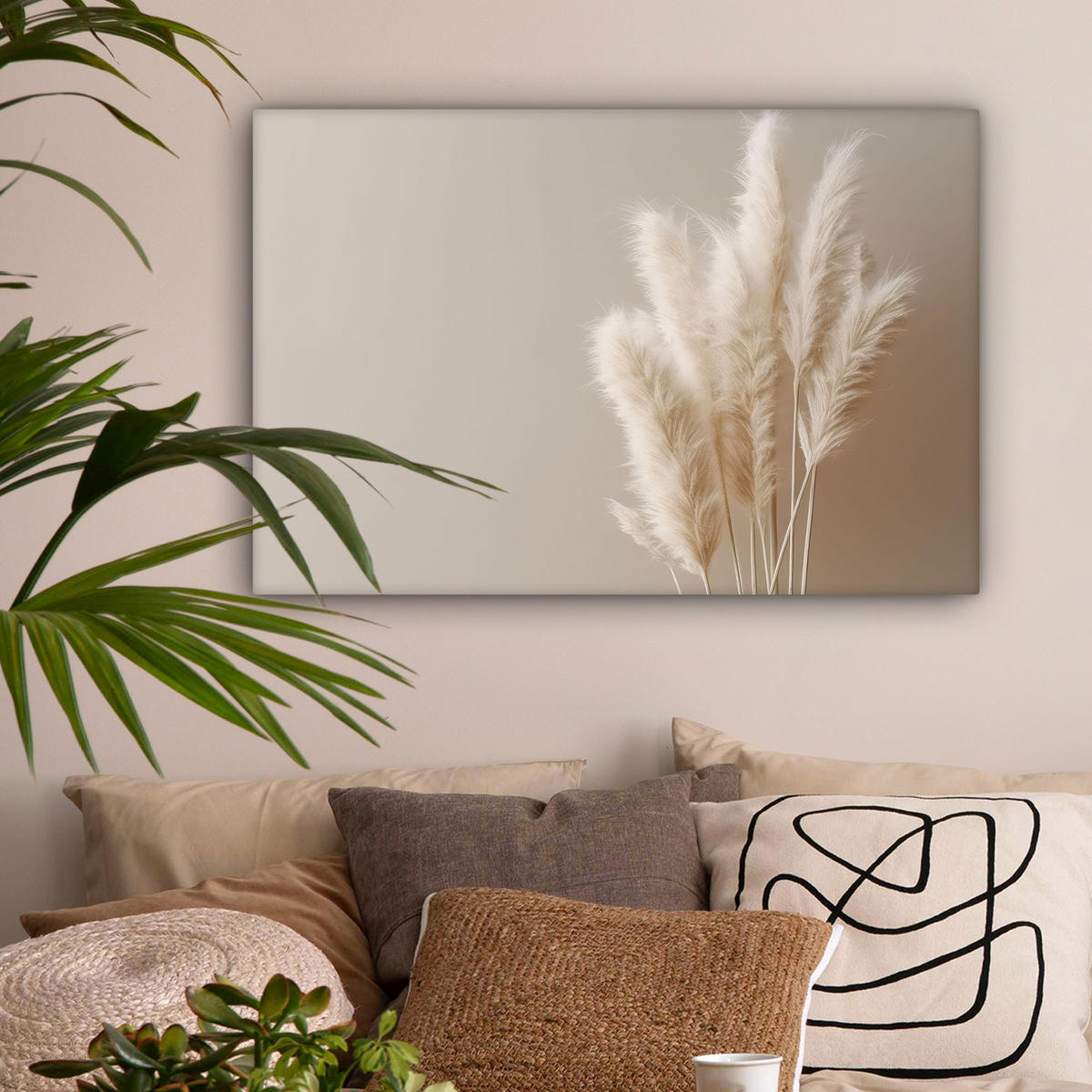 LEINWANDBILD Pampasgras - Federn - Pastell - Weiß Wanddeko 90x60 cm - Naturfarben, Textil (90/60cm) - MuchoWow