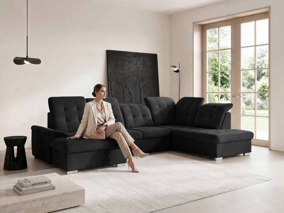 WOHNLANDSCHAFT ANON Ottomane Rechts, mit Schlaffunktion und Bettkasten, Schwarz - Schwarz, Kunststoff/Textil (322/87/220cm) - Idohome