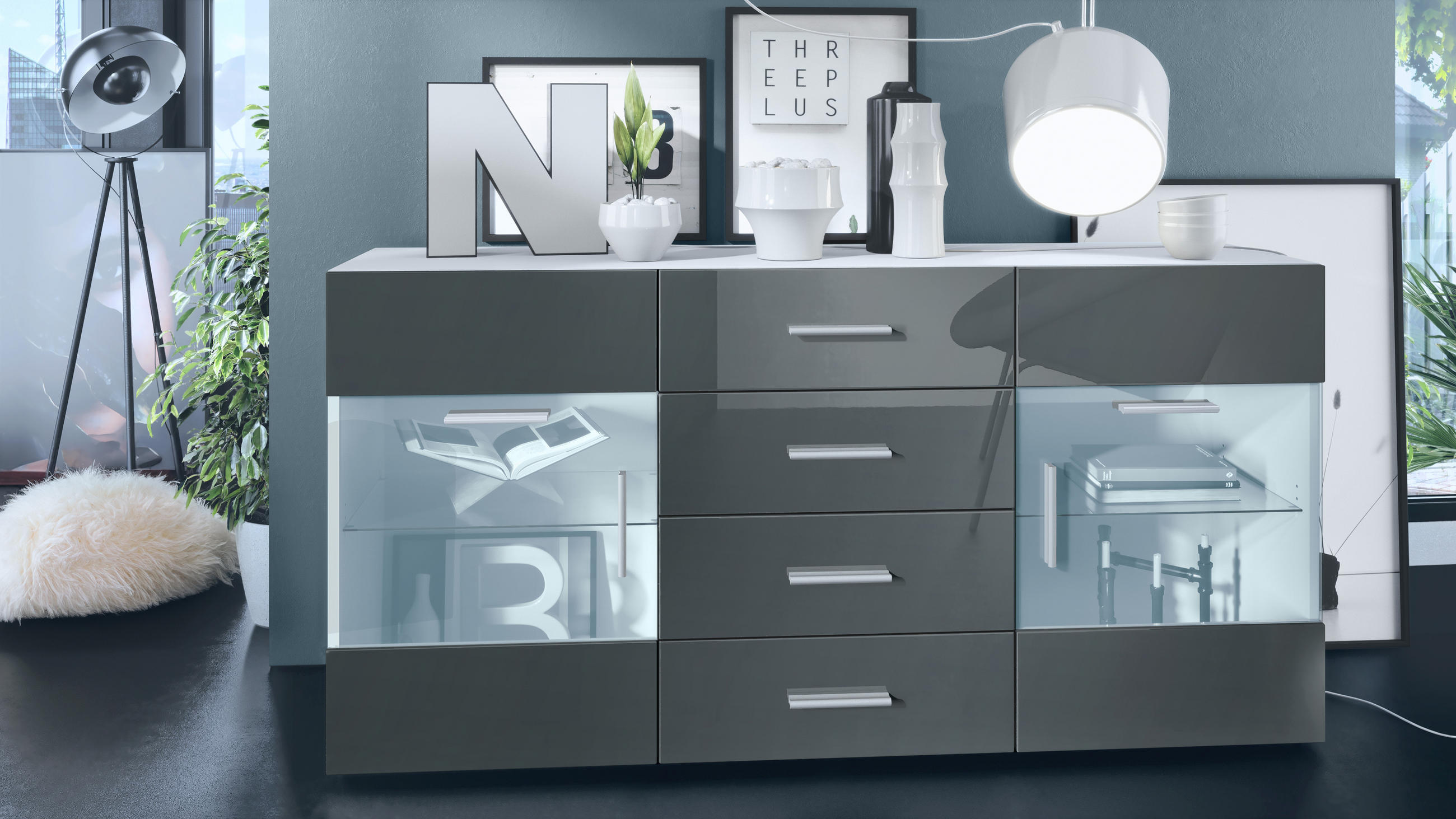 SIDEBOARD Carlos Grau Hochglanz - Grau, Holzwerkstoff (139/72/35cm) - Vladon