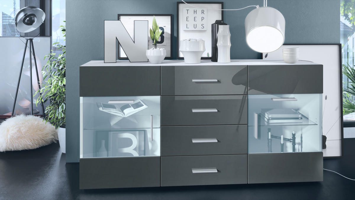 SIDEBOARD Carlos Grau Hochglanz - Grau, Holzwerkstoff (139/72/35cm) - Vladon