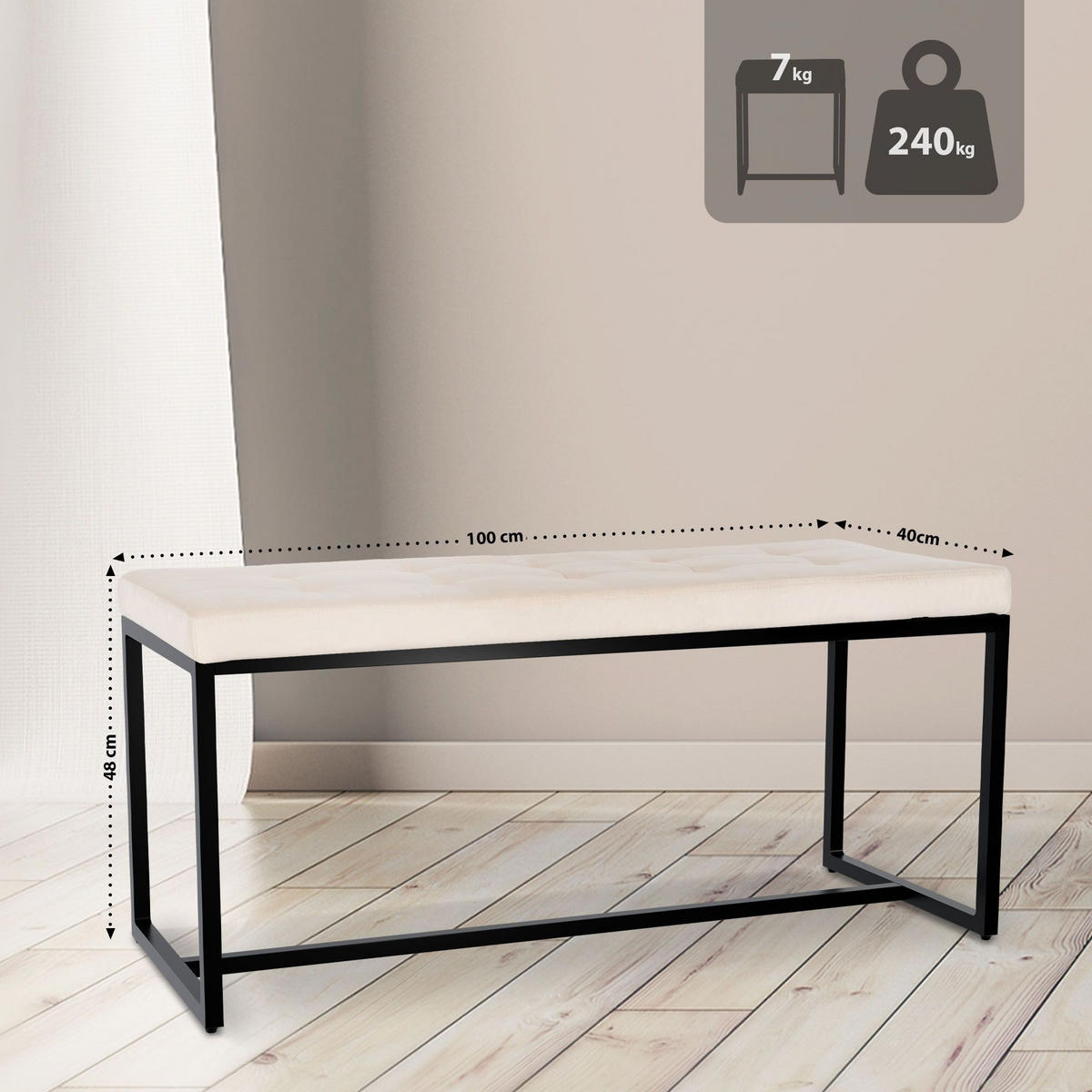 SITZBANK 100/40 cm Samt creme - Creme/Schwarz, Textil/Metall (100/48/40cm) - CLP