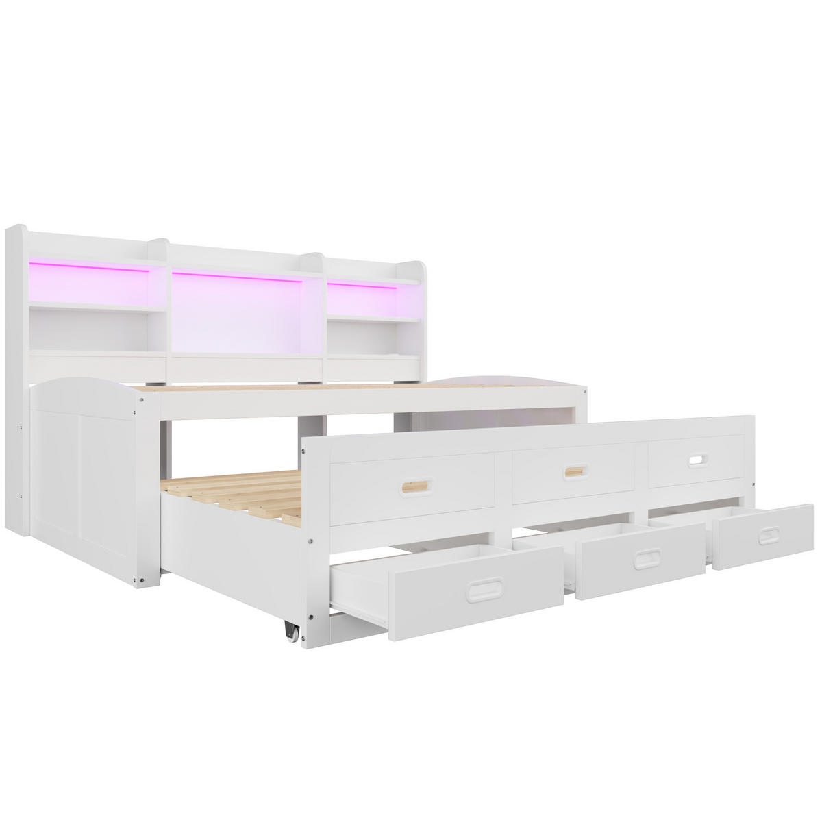 KREVET na izvlačenje 90/200 cm bijeli od iverala s LED rasvjetom, USB i 3 ladice - bijela, drvni materijal (90/200cm) - OKWISH