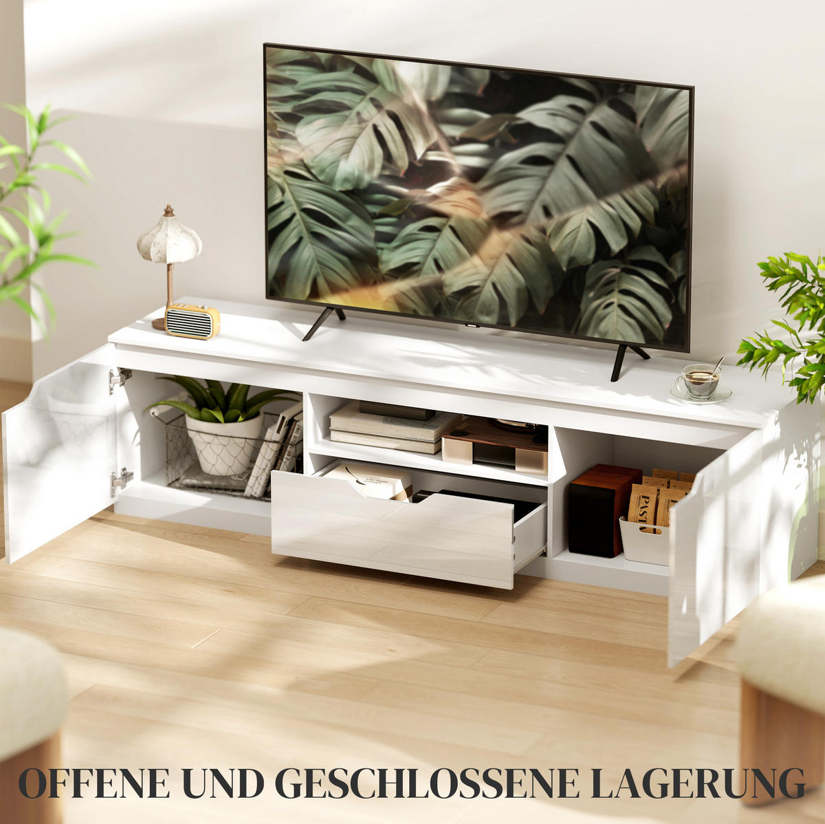 TV-LOWBOARD aus Holz 160x38x43 cm Weiß mit 2 Türen, Schublade, offenem Fach und Kabelmanagement - Weiß, Holzwerkstoff (160/43/38cm) - Modfu