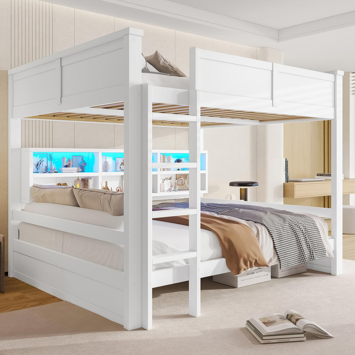 ETAGENBETT 160/200 cm in Weiß mit 6 Schränken und LED - Weiß, Holzwerkstoff (160/200cm) - STILVORA